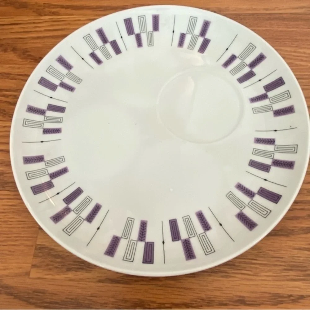 Crate&Barrel Mid Century Modern White Purple Fine China Dinnerware NWOT